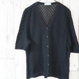 Ladies Fashion 透かし編みニットVネックカーディガン半袖 黒F(ニット/セーター)