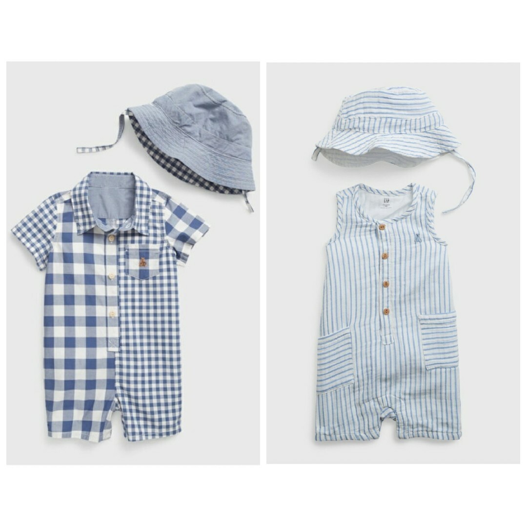 babyGAP gap 2着セット ギャップ ストライプロンパース チェックロンパース ハット付の通販 by アップルπ0225 ストライプ&ギンガムチェック ロンパースセット