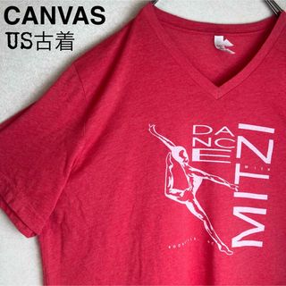 ヴィンテージ　CANVAS フロントプリントVネックビッグTシャツ　赤　US古着(Tシャツ/カットソー(半袖/袖なし))