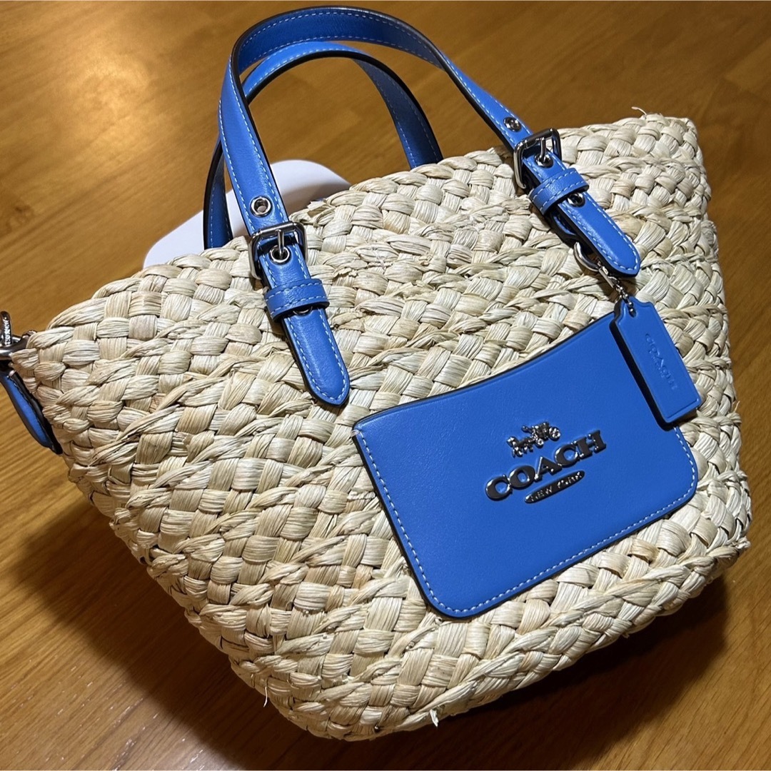新品未使用 COACH カゴバッグ 青 夏 ブルー ストロー 流行り - かご