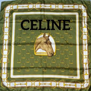 セリーヌ(celine)の新品同様 ★CELINE★ スカーフ 大判 馬 鐙 チェーン シルク カーキ(バンダナ/スカーフ)