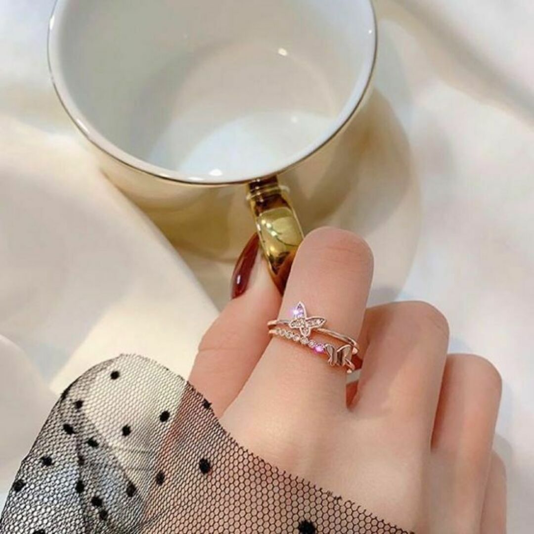 376★ バタフライ オープンリング ピンクゴールド 指輪 可愛い 韓国 蝶 レディースのアクセサリー(リング(指輪))の商品写真