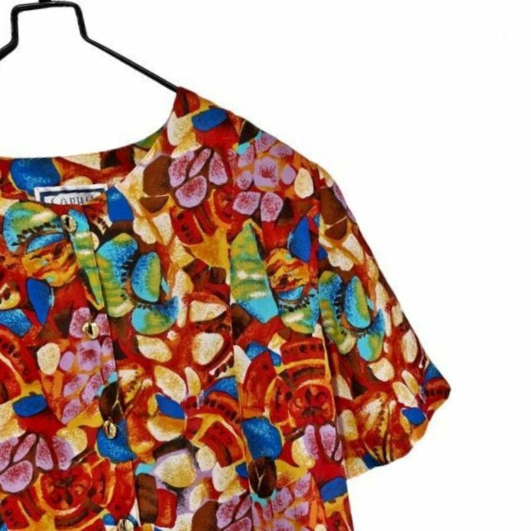 ヴィンテージ レトロ アフリカンプリント ブラウス シャツ 一点物 個性的 古着 レディースのトップス(シャツ/ブラウス(半袖/袖なし))の商品写真