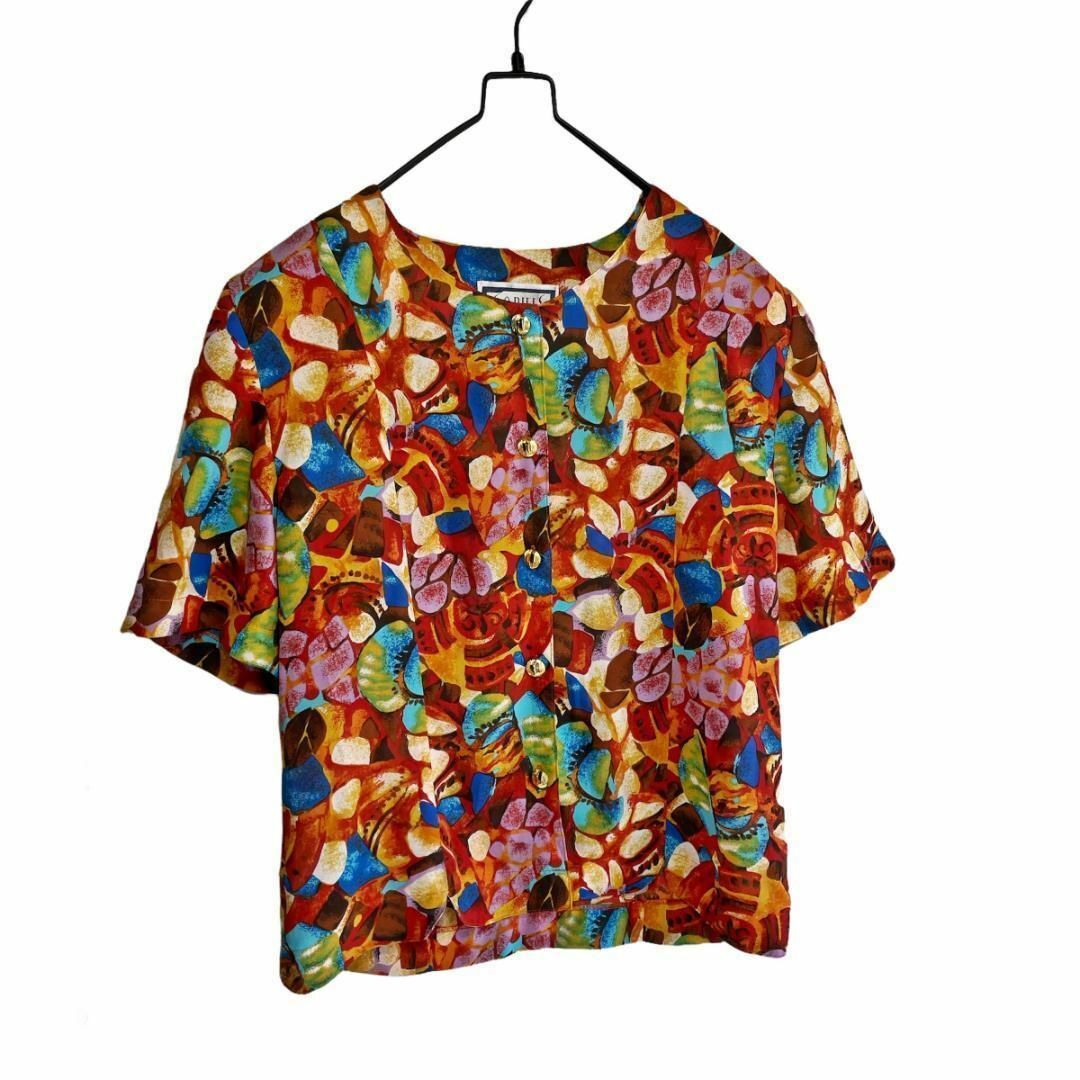 ヴィンテージ レトロ アフリカンプリント ブラウス シャツ 一点物 個性的 古着 レディースのトップス(シャツ/ブラウス(半袖/袖なし))の商品写真