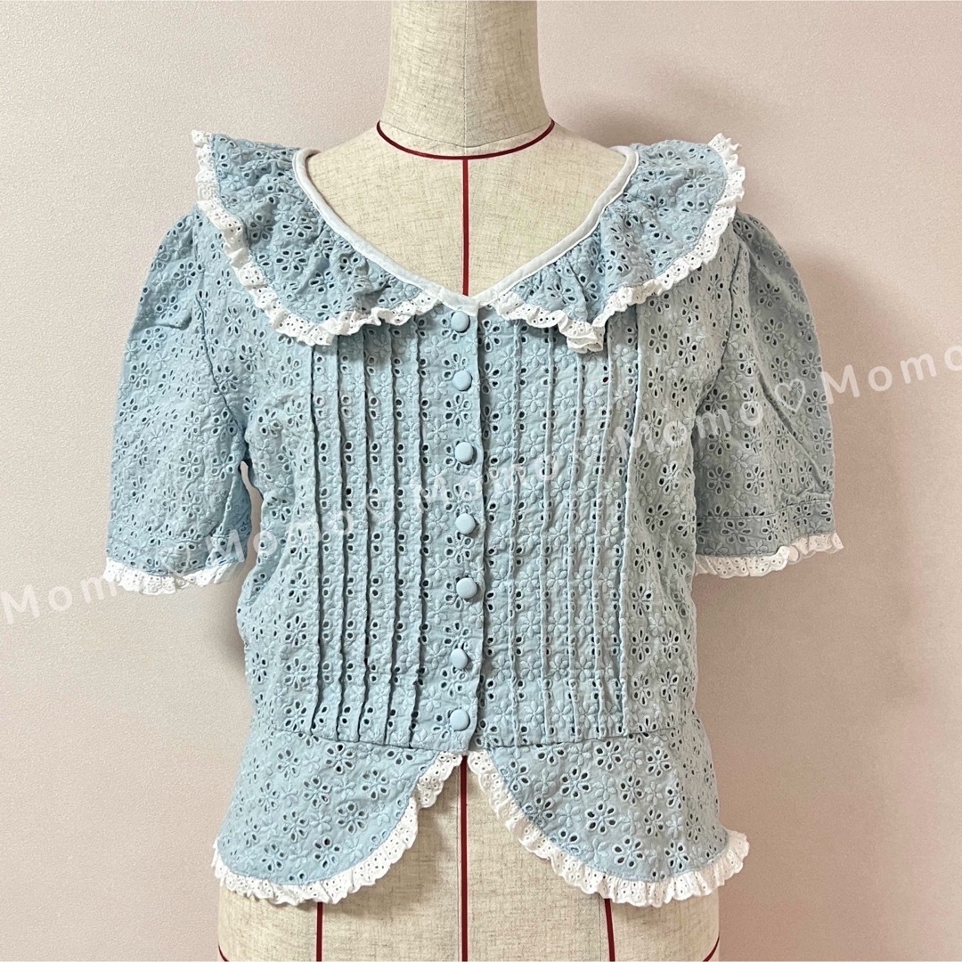 Epine frill blouse ドットストライプフリルブラウス ブルー