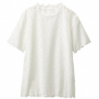 ジーユー(GU)のLサイズ　GU レースフリルネックT 半袖　オフホワイト(Tシャツ(半袖/袖なし))