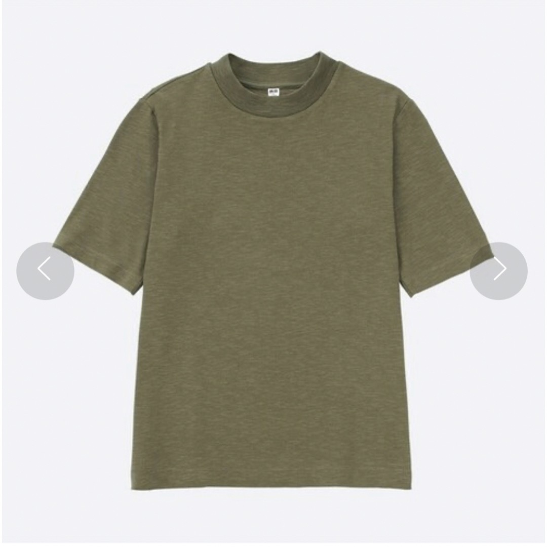 UNIQLO(ユニクロ)の美品　ユニクロ　スラブハイネックT（半袖）Sサイズ　グリーン レディースのトップス(Tシャツ(半袖/袖なし))の商品写真