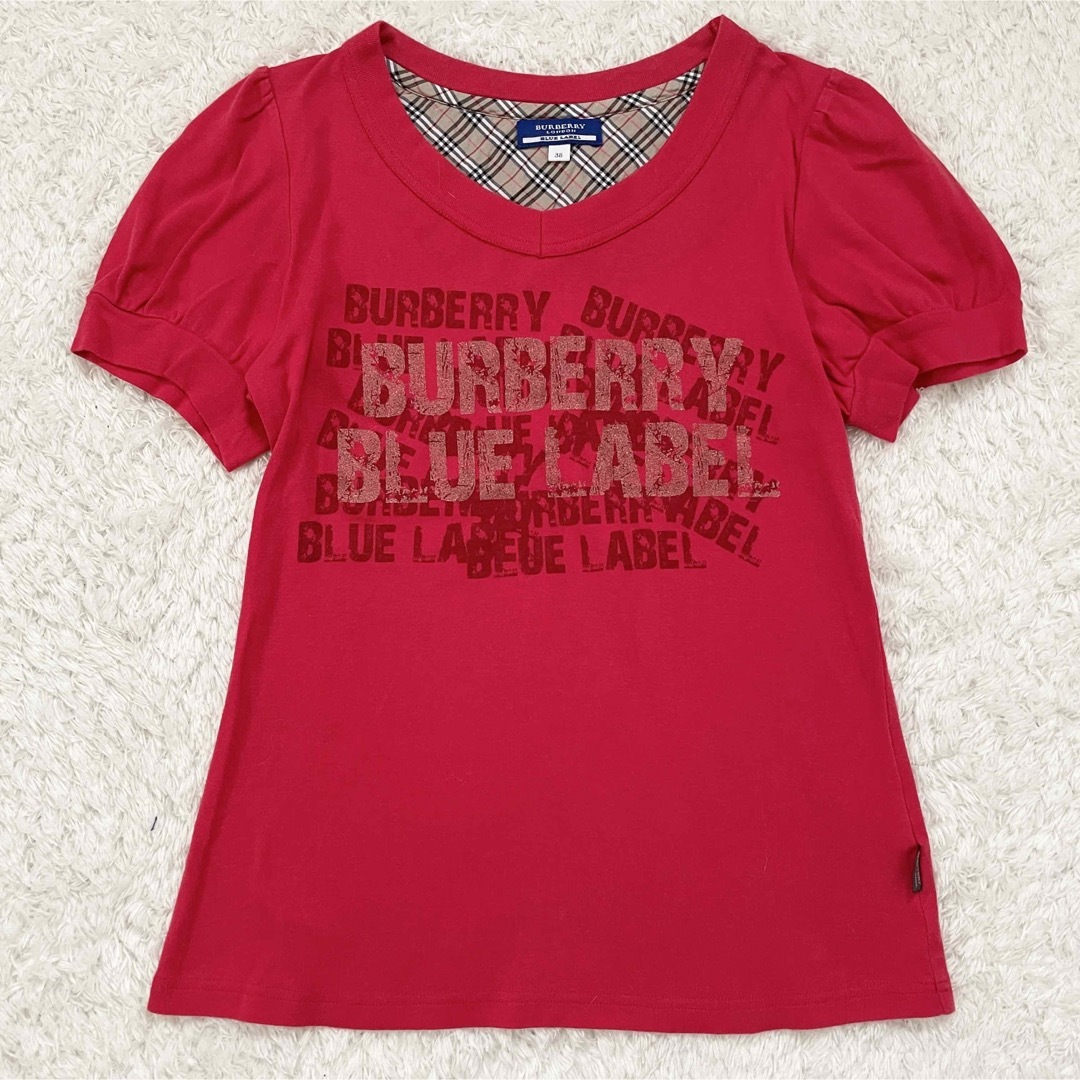 BURBERRY BLUE LABEL(バーバリーブルーレーベル)の美品　バーバリーブルーレーベル　ロゴTシャツ　パフスリーブ　ノバチェック レディースのトップス(Tシャツ(半袖/袖なし))の商品写真