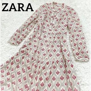 ザラ(ZARA)の【美品】ザラ ロングワンピース フレア ティアード 総柄 Aライン マキシ(ロングワンピース/マキシワンピース)