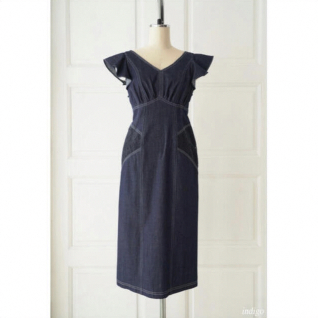 Ruffled Shoulder Denim Midi dress - ひざ丈ワンピース