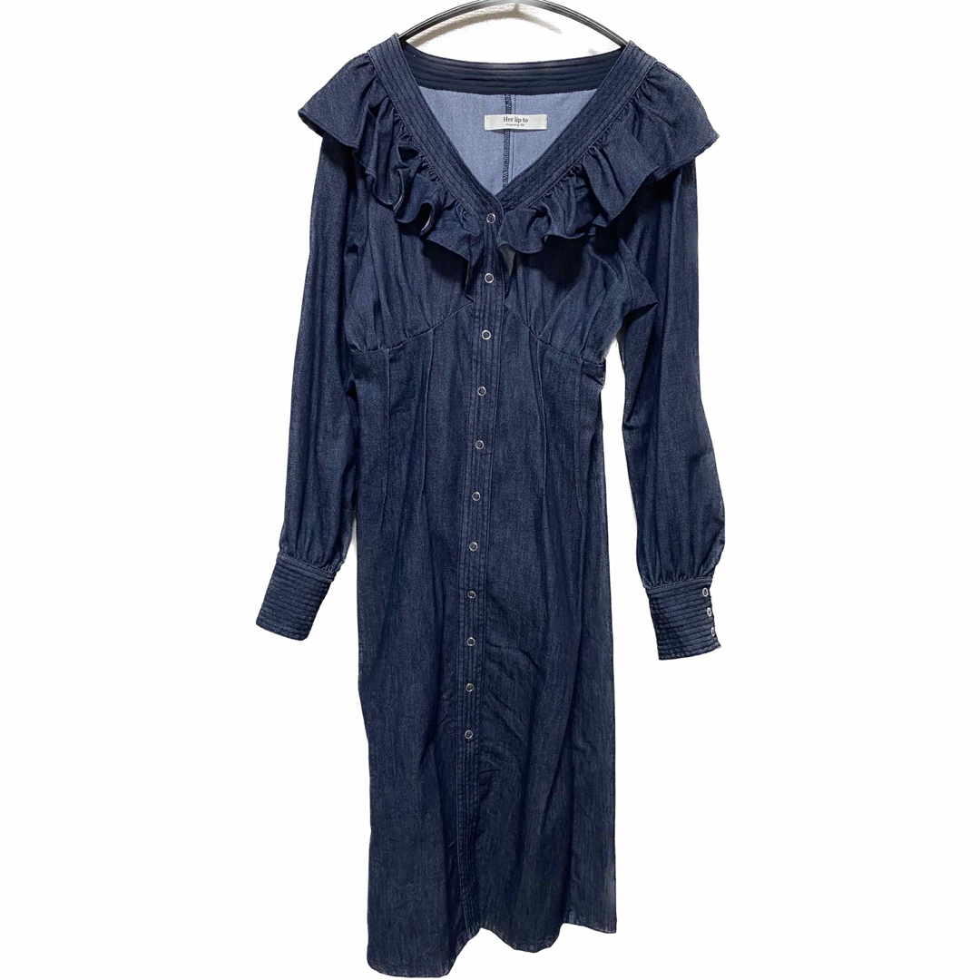 Herlipto Ruffled Shoulder DenimMidiDress