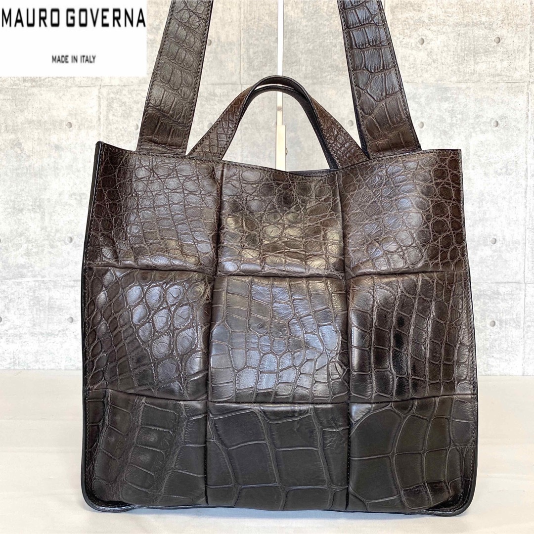 【美品】MAURO GOVERNA グレー系 クロコダイル 2WAYトートバッグ