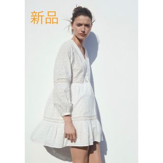 ザラ(ZARA)の新品タグ付！ZARA ザラ＊レーストリムタフタワンピース　L(ミニワンピース)