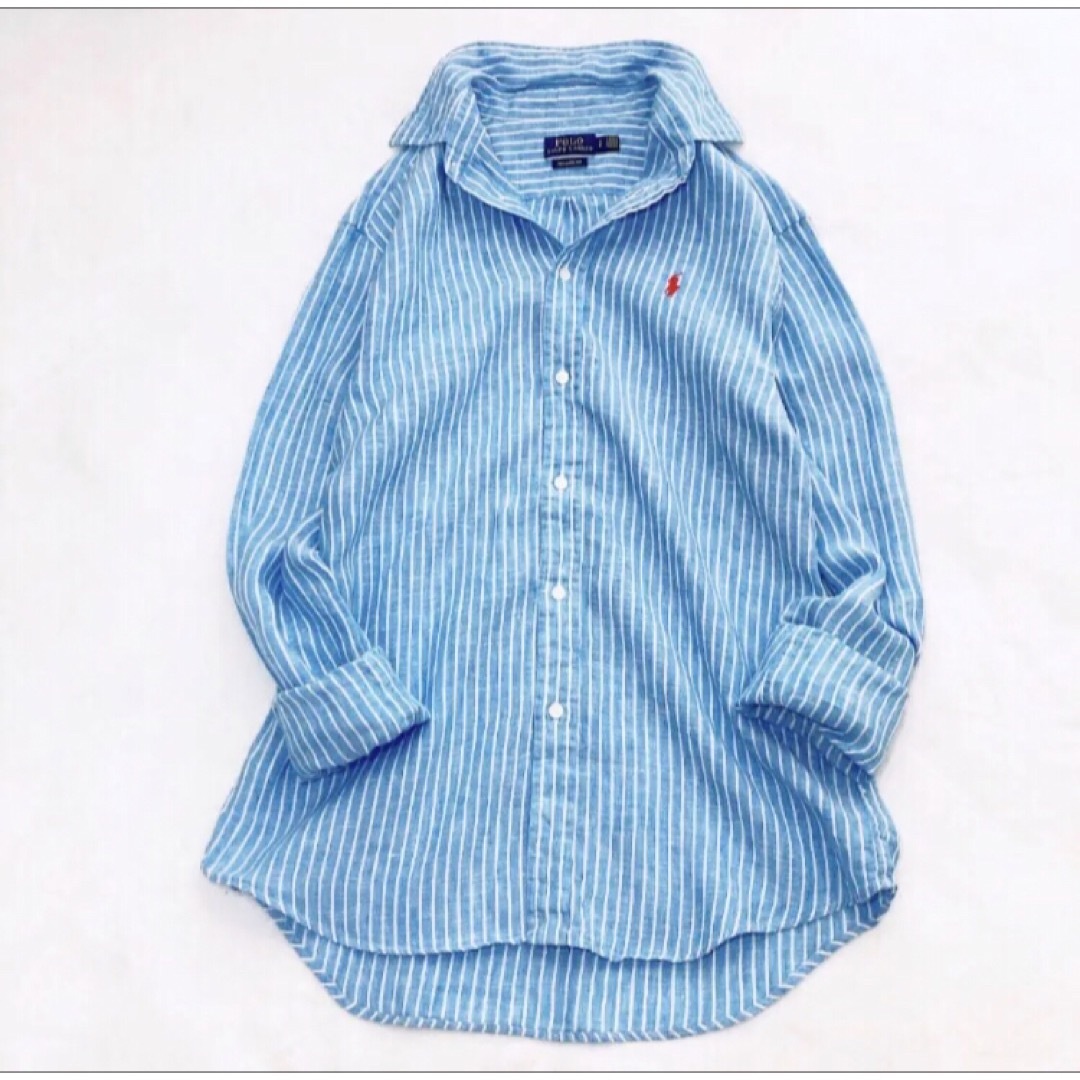 大人気モデル♡ラルフローレン　ワンポイント刺繍ストライプリネンシャツ　白×ブルー