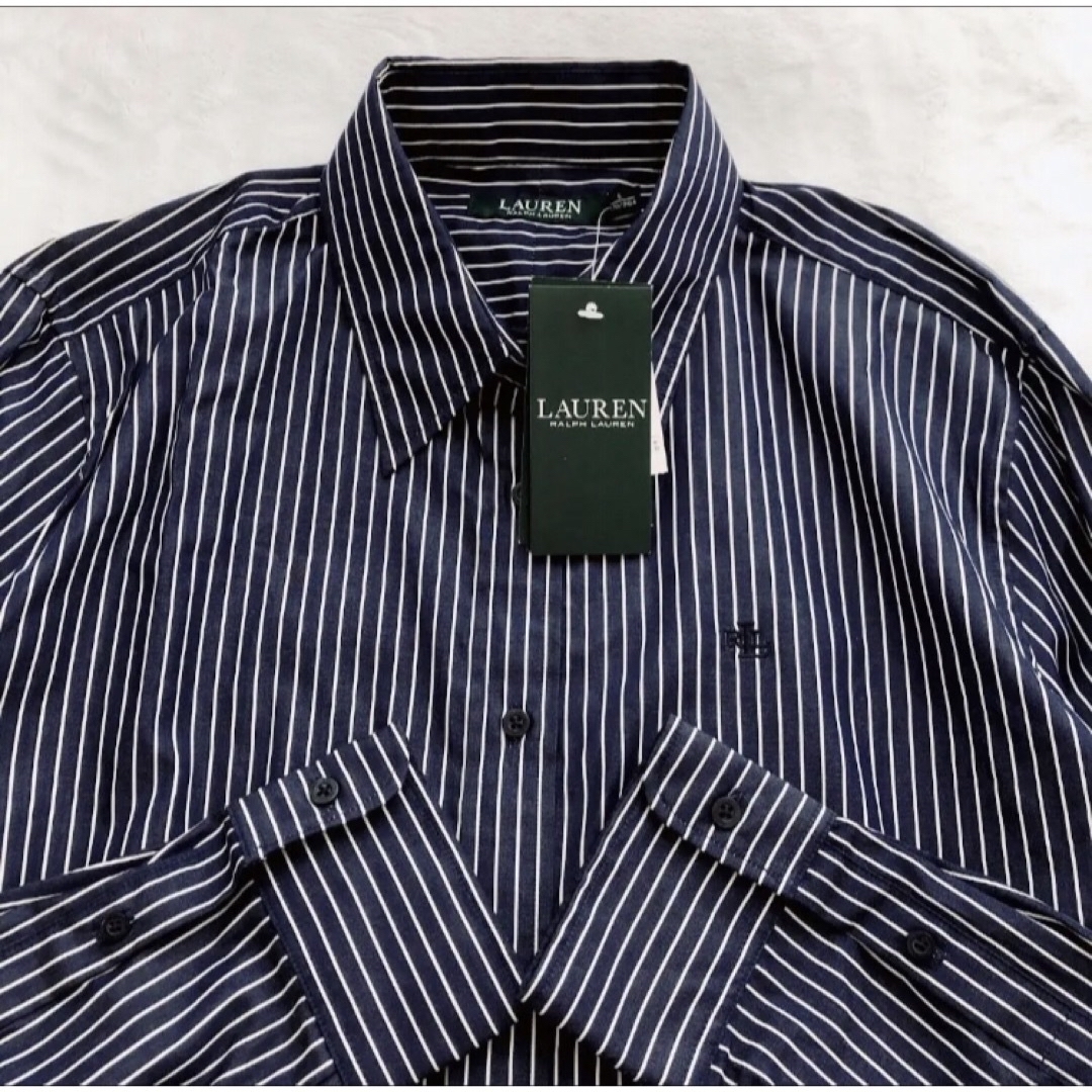 POLO RALPH LAUREN(ポロラルフローレン)の新品　RALPH LAUREN ラルフローレン　ストライプ　ロゴ　シャツ　L レディースのトップス(シャツ/ブラウス(長袖/七分))の商品写真