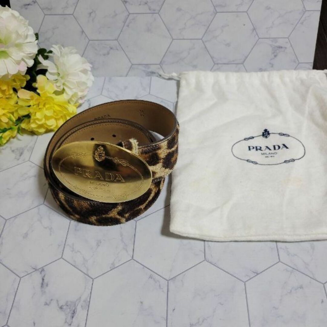 PRADA - PRADA ゴールド×ヒョウ柄 お洒落 ベルト レオパード デカロゴ