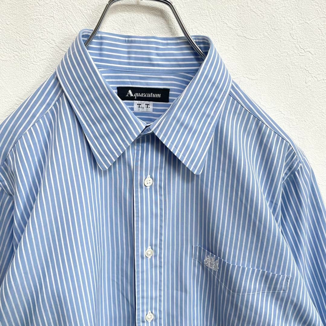 アクアスキュータム Aquascutum ストライプ ポケット 長袖シャツ 白青