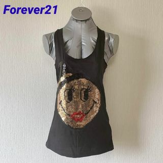 フォーエバートゥエンティーワン(FOREVER 21)のForever21 キラキラ スマイル 黒 タンクトップ S(タンクトップ)