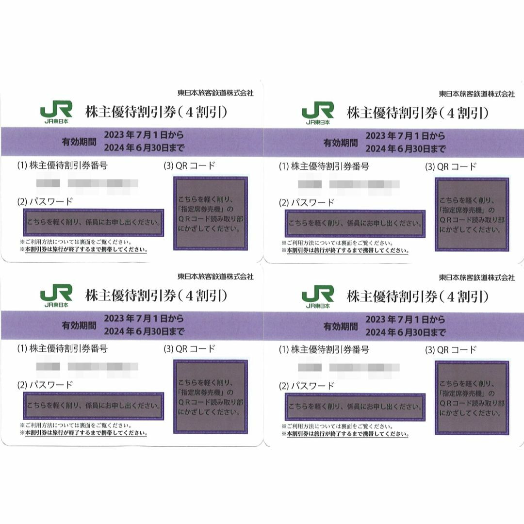 ネコポス　東日本旅客鉄道 株主優待割引券(4枚) 期限:2024.6.30乗車券/交通券