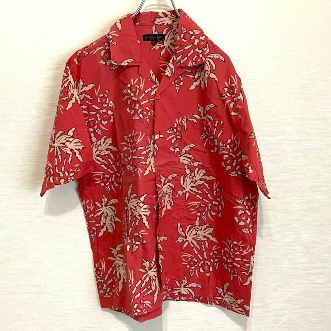 K397 アロハシャツ オープンカラー 赤 総柄 綿100% XLサイズ メンズのトップス(シャツ)の商品写真