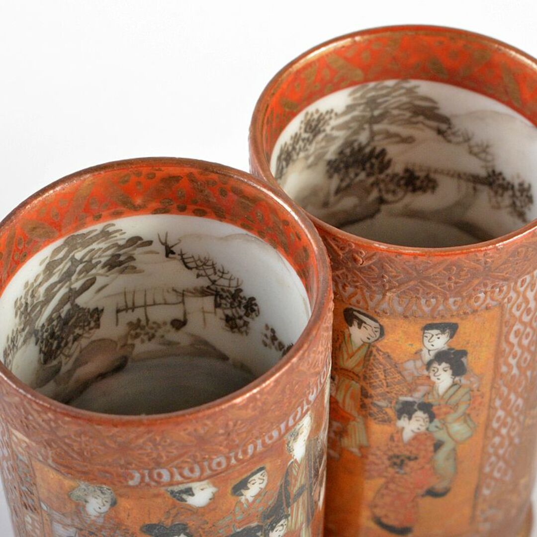 九谷焼 古九谷 日本村顕 色絵金彩 山水人物文 茶巾筒 一對 F R6033 九谷焼 古九谷 日本村顕 色絵金彩 山水人物文 茶巾筒 一對 F R6033