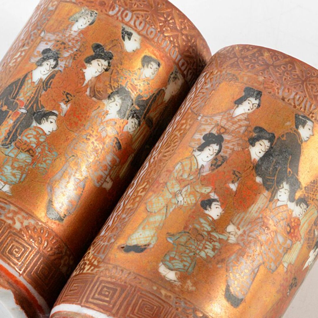 九谷焼 古九谷 日本村顕 色絵金彩 山水人物文 茶巾筒 一對 F R6033 九谷焼 古九谷 日本村顕 色絵金彩 山水人物文 茶巾筒 一對 F R6033