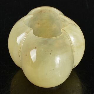 中国 玉石白玉彫刻 木瓜形水孟 筆洗 銅匙付 時代箱付 M R6047-