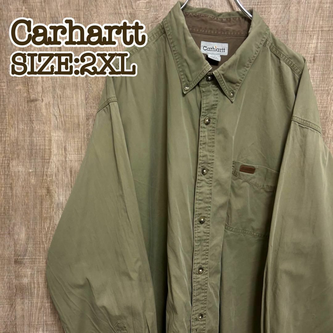 Carhartt カーハート　BDシャツ　オリーブグリーン　革ロゴ　2XL