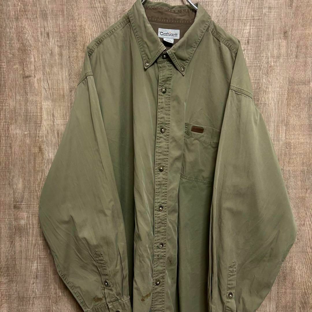 Carhartt カーハート　BDシャツ　オリーブグリーン　革ロゴ　2XL