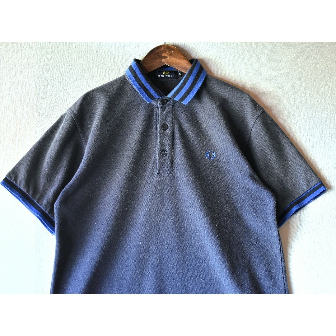 ★フレッドペリー ワンポイント 刺繍ロゴ 灰色青 チャコール 半袖ポロシャツ 3