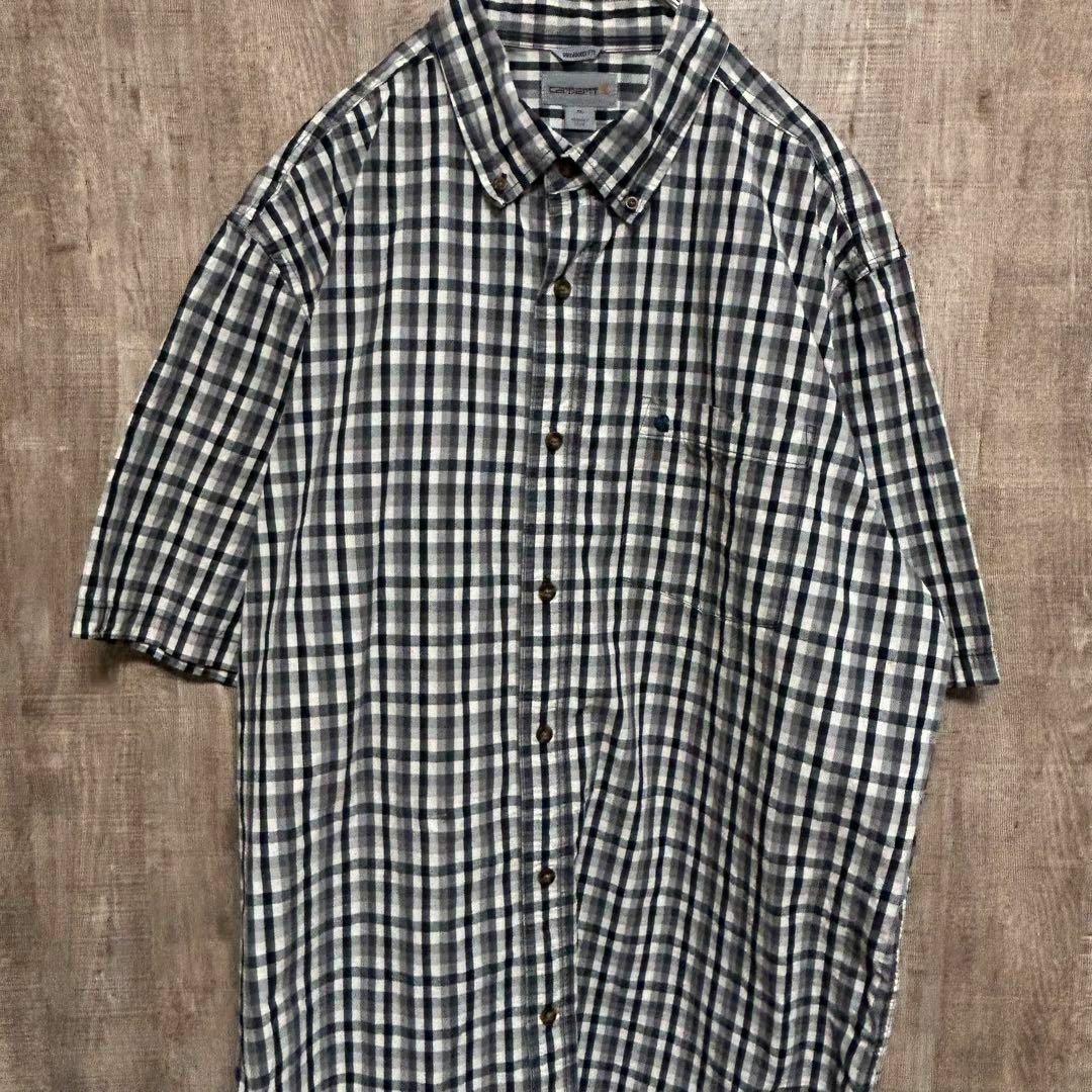 Carhartt カーハート　半袖BDシャツ　ネイビーチェック　ロゴタグ　XL