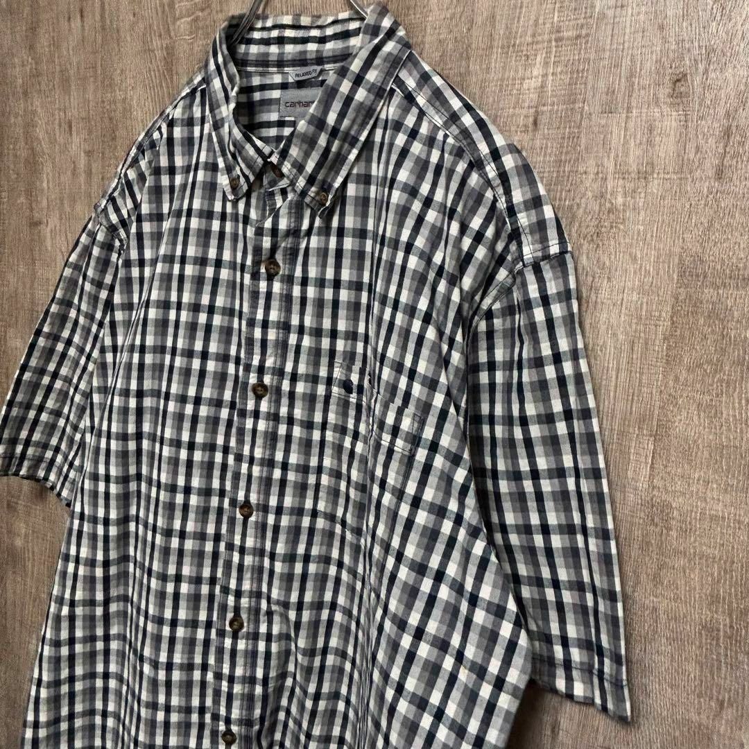Carhartt カーハート　半袖BDシャツ　ネイビーチェック　ロゴタグ　XL