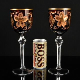 ボヘミアガラス　金彩　レッド　葡萄文　ワイングラス　ペア　M　R6069(ガラス)