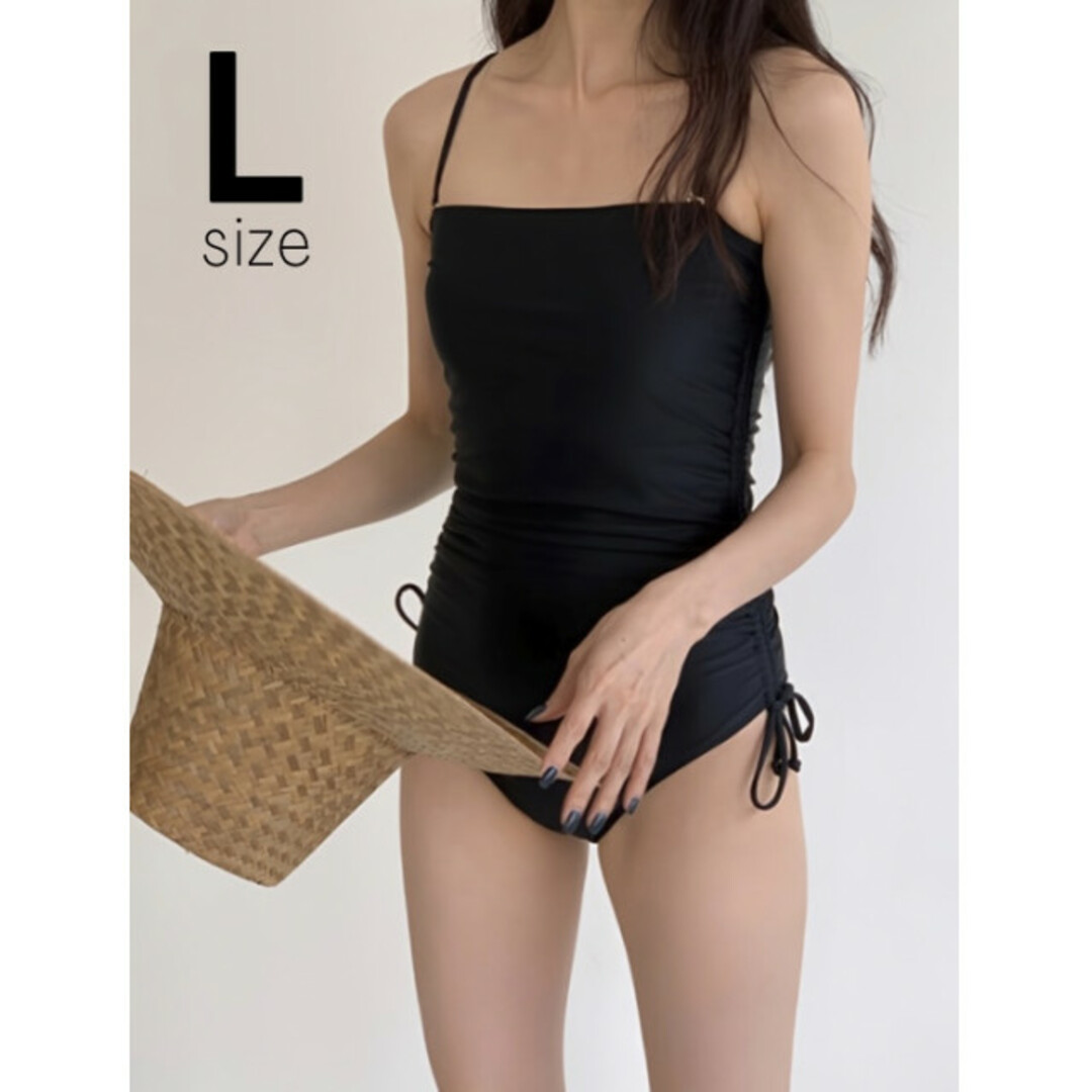 サイドギャザー 2way スイムウェア ブラック L ワンピース 黒 リボン レディースの水着/浴衣(水着)の商品写真