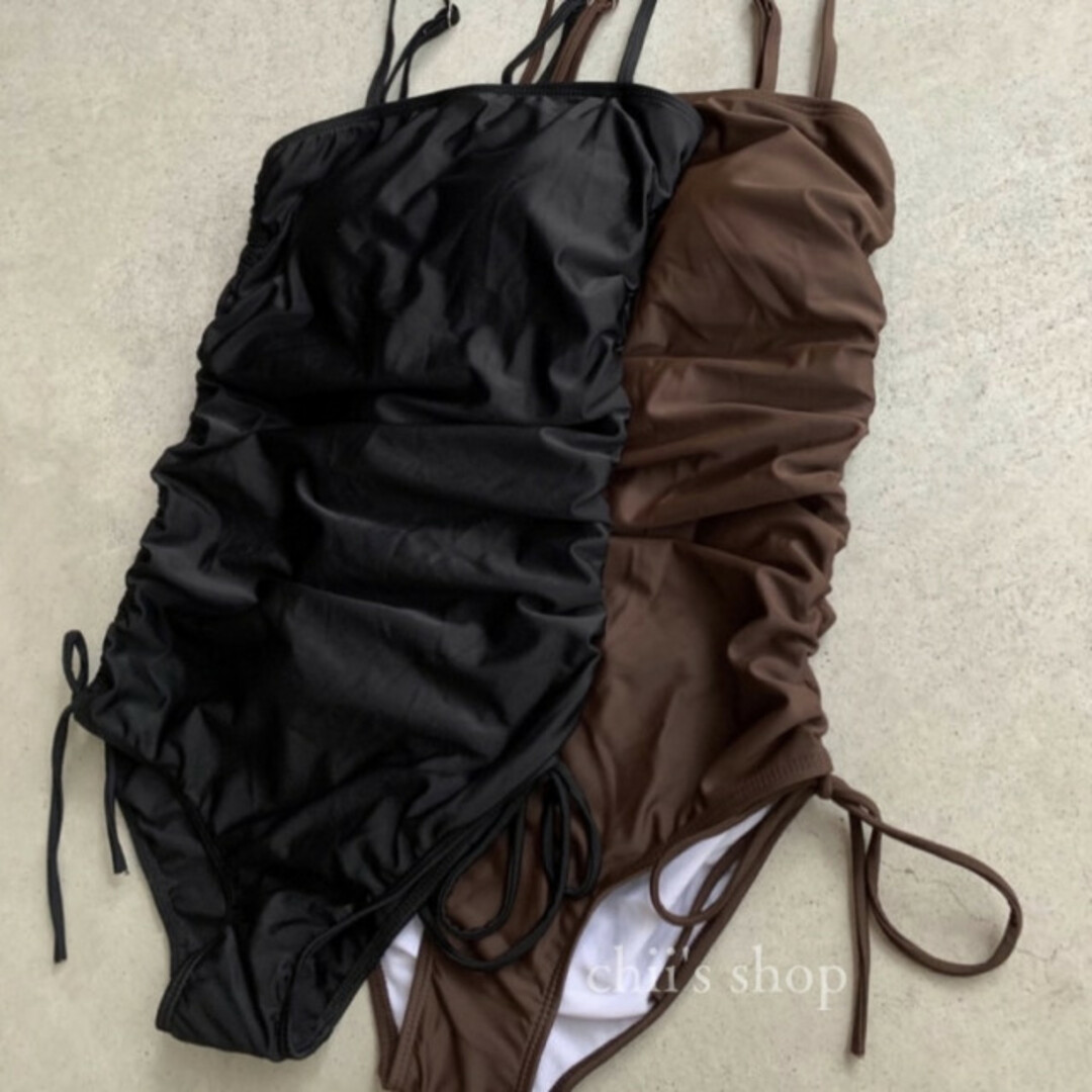 サイドギャザー 2way スイムウェア ブラック L ワンピース 黒 リボン レディースの水着/浴衣(水着)の商品写真