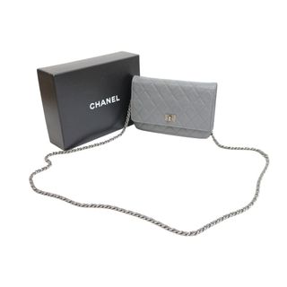 シャネル(CHANEL)のCHANEL シャネル 長財布 チェーンウォレット フラップ 12番台 2008年 グレインカーフレザー グレー シルバー金具 美品 中古 52095(財布)