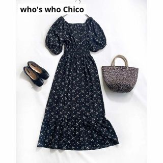 フーズフーチコ(who's who Chico)の【フーズフーチコ】フラワープリント　パフスリーブ　マキシ　ロングワンピース(ロングワンピース/マキシワンピース)