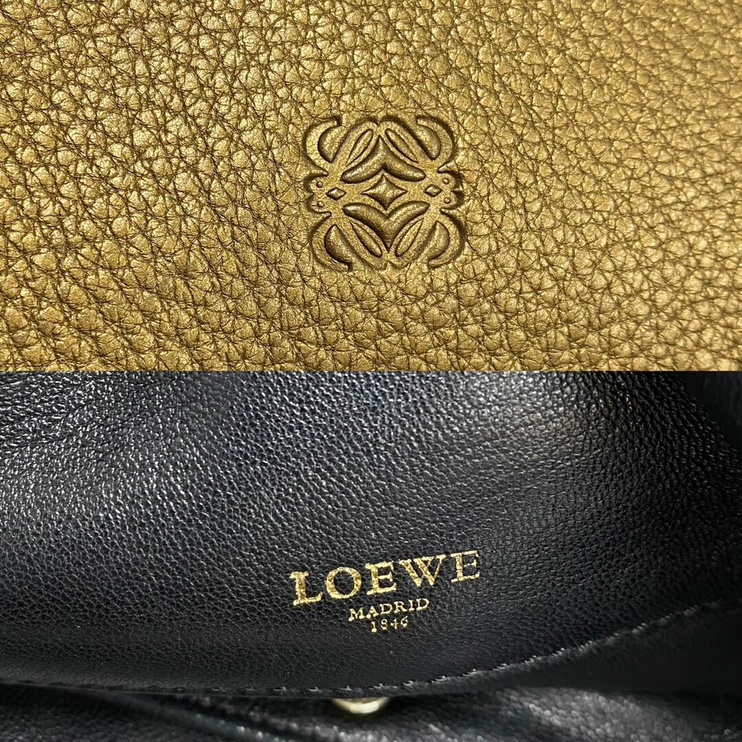 極 美品 希少品 袋付き LOEWE ロエベ アナグラム ロゴ レザー 本革 ハンドバッグ ミニ トートバッグ メタリックゴールド 1mnb49-5