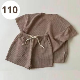 110★茶色 サーマル半袖セットアップ ベージュ 韓国  子供服 女の子 男の子(Tシャツ/カットソー)