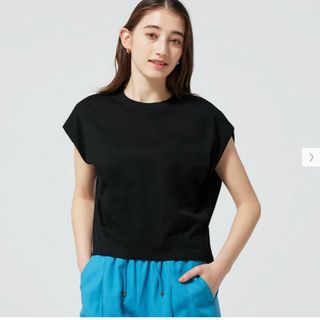 ジーユー(GU)の新品　タグ付き　ウエストタックフレンチスリーブT GU ブラック S(Tシャツ(半袖/袖なし))