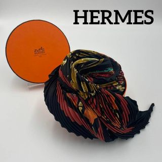 美品 ★HELMES★ プリーツスカーフ カレ ブラック 馬 人 箱付き