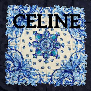 セリーヌ(celine)の美品 ★CELINE★ スカーフ ダマスク柄 ドット柄 水玉模様 ブルー シルク(バンダナ/スカーフ)