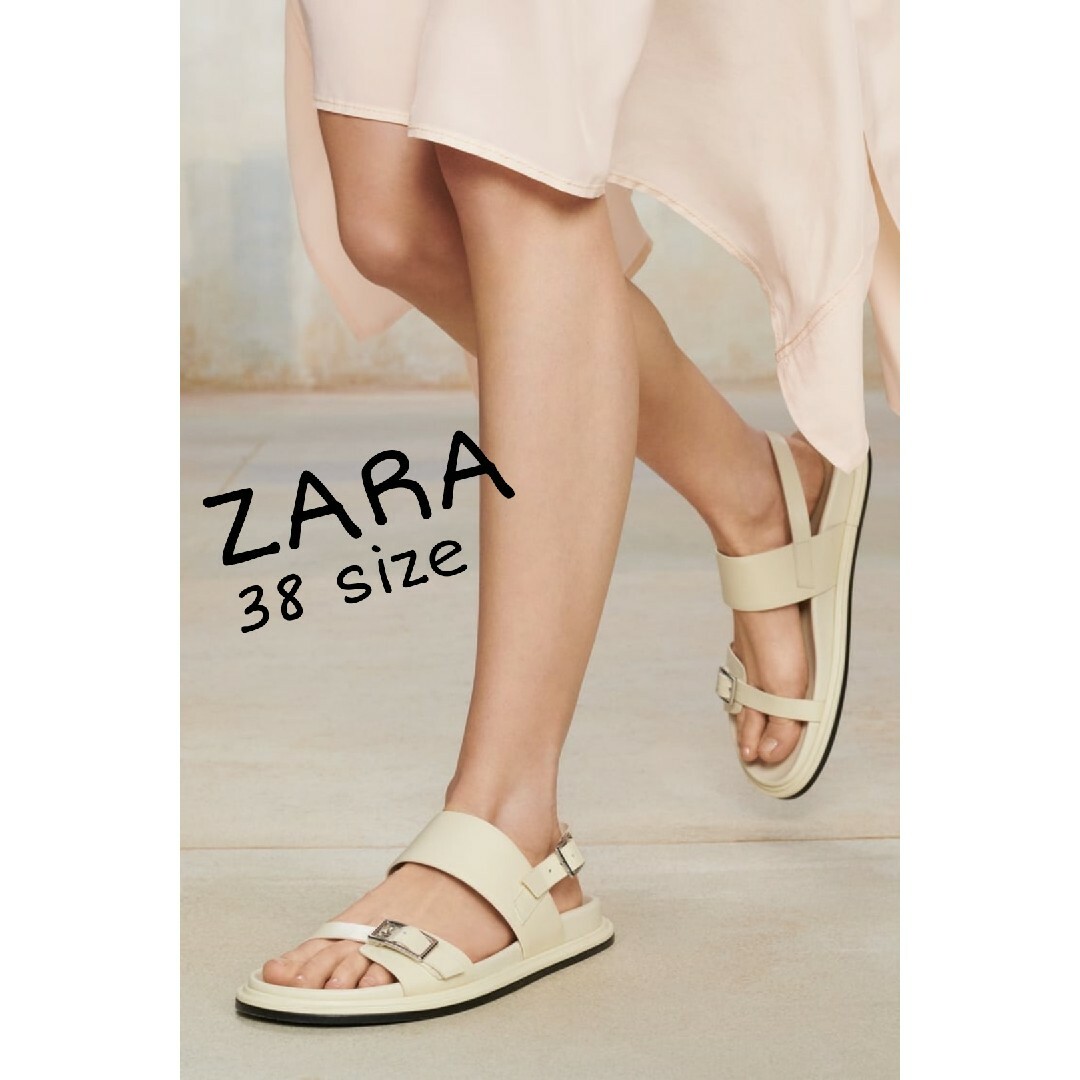 ZARA - ZARA バックル付き リアルレザー サンダル ベージュ 38サイズの