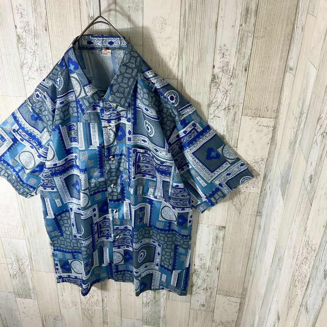 柄シャツ メンズ 半袖 M 青 古着 総柄 昭和 レトロ アート 光沢 柄シャツ メンズ 半袖 M 青 古着 総柄 昭和 レトロ アート 光沢