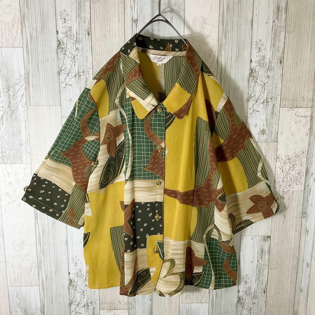 柄シャツ レディース 半袖 M 緑 古着 総柄 和柄 昭和 レトロ 柄シャツ レディース 半袖 M 緑 古着 総柄 和柄 昭和 レトロ