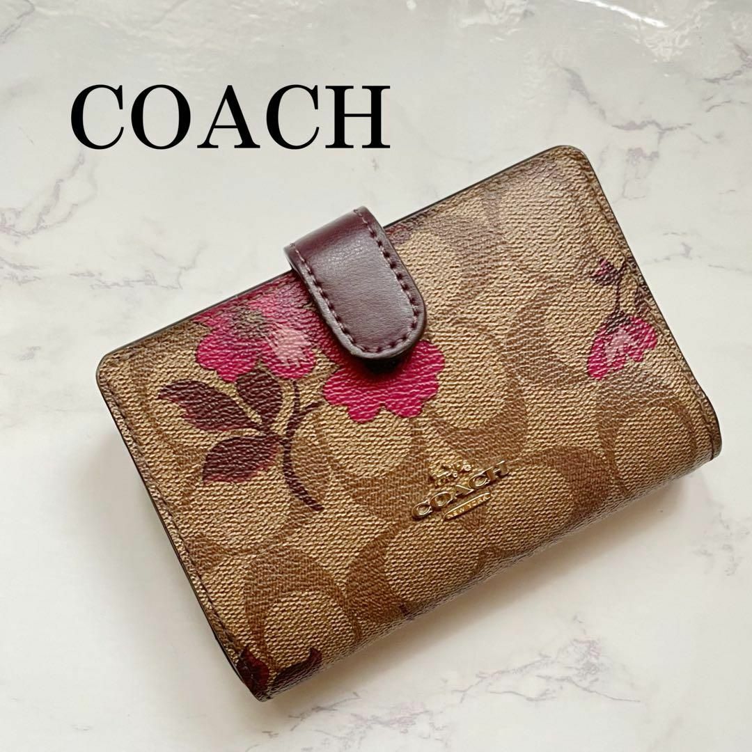 美品】COACH シグネチャー フラワー ミニウォレット 二つ折り財布-