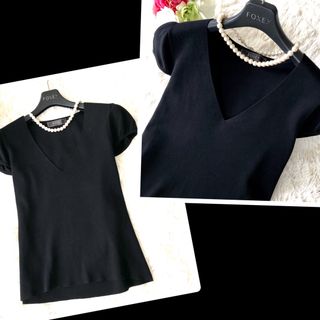 フォクシー(FOXEY)の極美品‼️【フォクシー FOXEY】パフスリーブＶネックニット　黒ブラック(カットソー(半袖/袖なし))