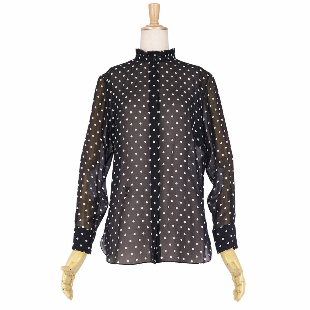 極美品 クリスチャンディオール Christian Dior シャツ シルク シフォン ブラウス ロングスリーブ フリル Bee刺繍 ドット柄 シルク トップス レディース F36 I40 USA4(S相当) ブラック/ホワイト