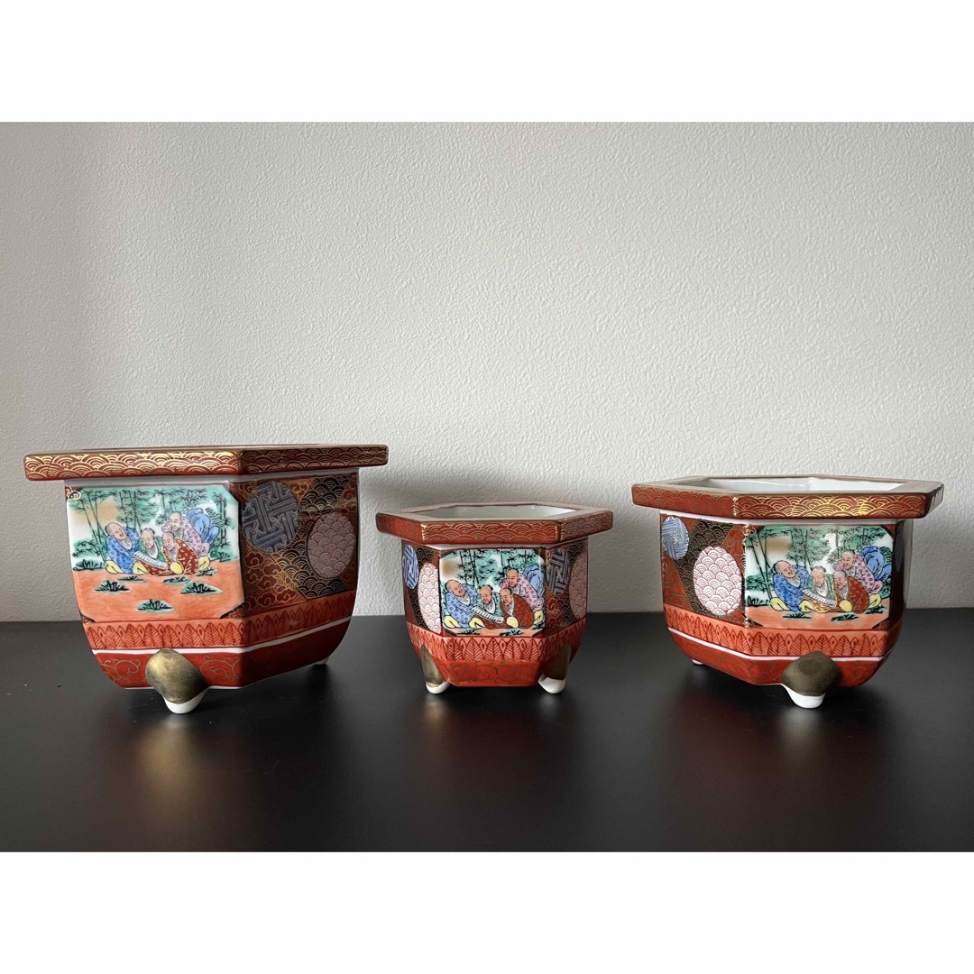 九谷焼 九谷庄三 九谷三絵変わり赤絵植木 鉢/盆栽鉢/花人圽/風景/小紋