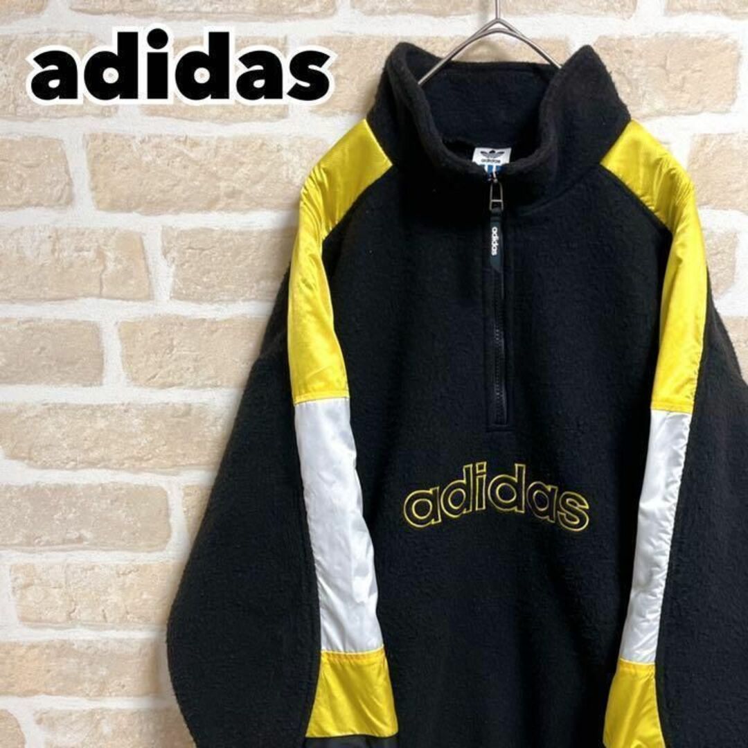 90s adidas アディダス ハーフジップ フリース 刺繍ロゴ 黒×黄 | フリマアプリ ラクマ